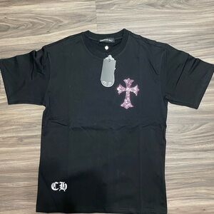 Chrome Hearts Black Tee with Pink Cross